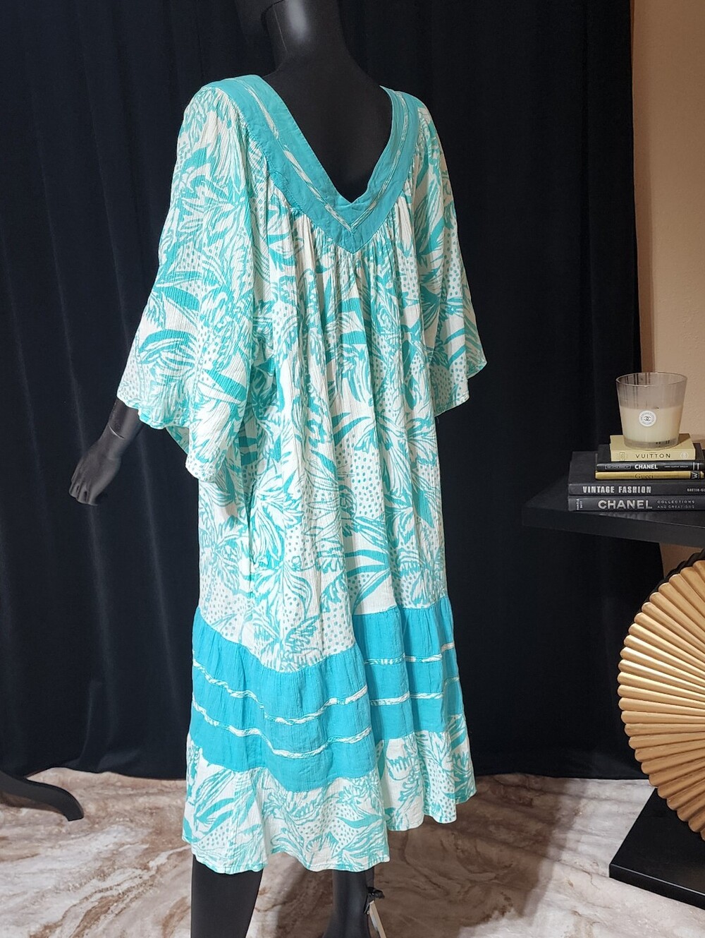 NATIONAL 80s Tropical Caftan Dress Turquoise Resort Boho Midi M/L - Picture 12 of 12